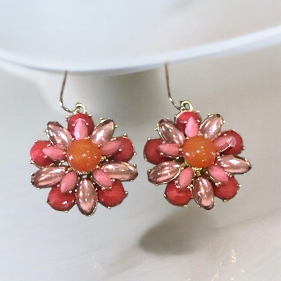 Floral Statement Drop Earrings – Pink, Red & Gold Tone – 1.5” - Picture 3 of 4